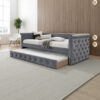 Edra Classic Wood Upholstered Day Bed with Trundle, Tufted Gray Burlap