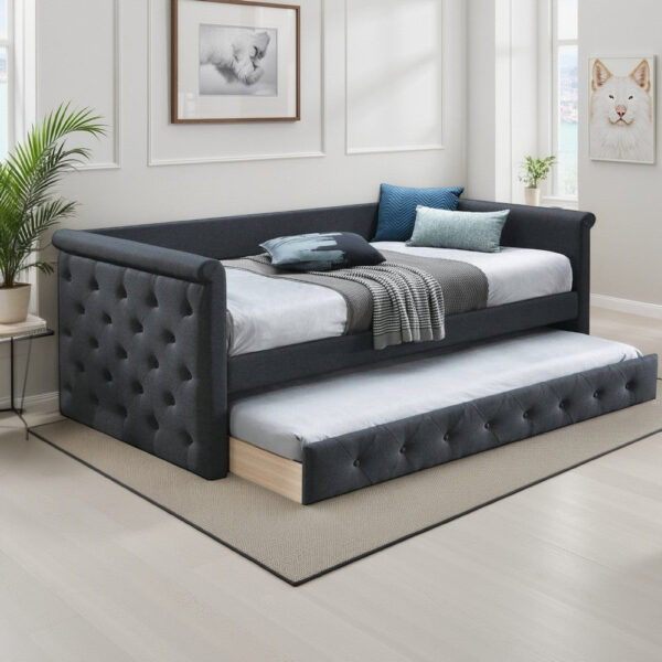 Edra Classic Upholstered Day Bed with Trundle, Tufted Charcoal Gray Burlap