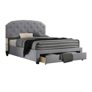 Nue Twin Upholstered Bed with Curved Tufted Headboard, Nailhead Trim, Gray