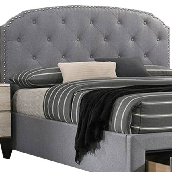 Nue Twin Upholstered Bed with Curved Tufted Headboard, Nailhead Trim, Gray