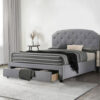 Nue Twin Upholstered Bed with Curved Tufted Headboard, Nailhead Trim, Gray