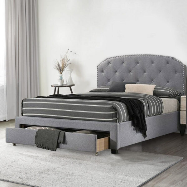 Nue Twin Upholstered Bed with Curved Tufted Headboard, Nailhead Trim, Gray