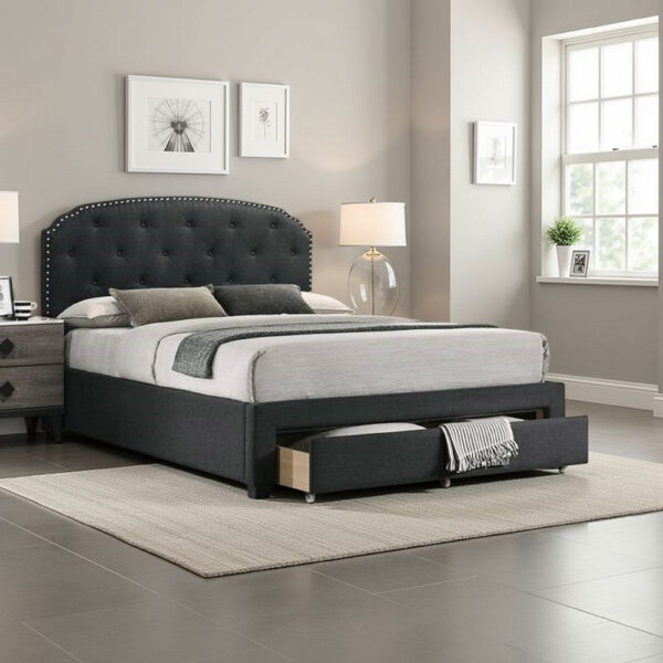 Nue Twin Upholstered Bed, Curved Tufted Headboard, Charcoal Gray Burlap