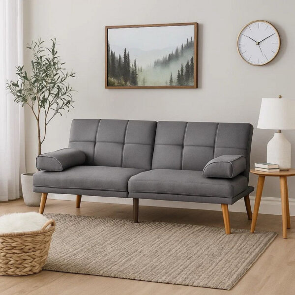 Gina 71 Inch Adjustable Futon Sofa Bed, Square Tufted, Tapered Legs, Gray