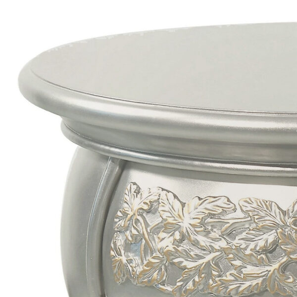 Deneb 30 Inch Luxury Round Nightstand, Gold Floral Motifs, Vintage Silver