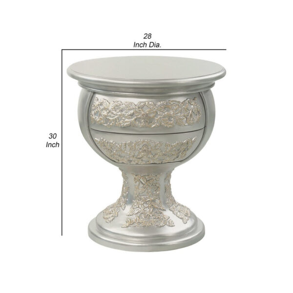 Deneb 30 Inch Luxury Round Nightstand, Gold Floral Motifs, Vintage Silver