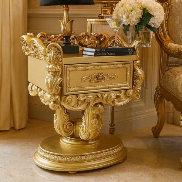 13022026698f145e8f847.jpeg Altair 36 Inch Luxury Nightstand, 1 Drawer, Scrolled Motifs, Gold Finish