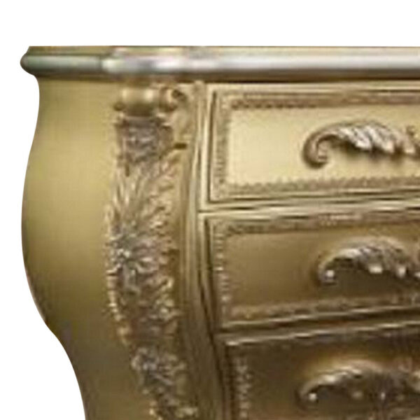 Vega 32 Inch Nightstand, 3 Drawers, Scrolled Elegant Gold Floral Motifs