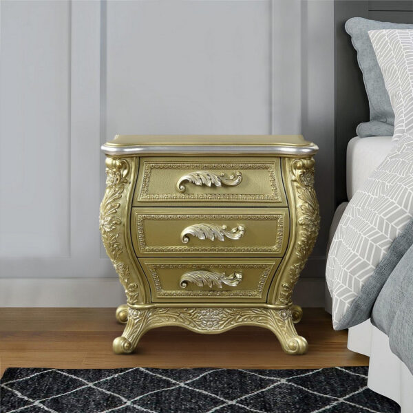 Vega 32 Inch Nightstand, 3 Drawers, Scrolled Elegant Gold Floral Motifs