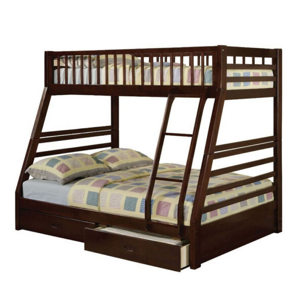 Cleo Twin Over Full Bunk Bed, Espresso Brown Pine Wood, Slatted Design