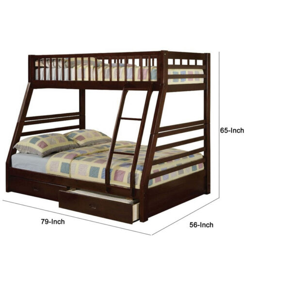 Cleo Twin Over Full Bunk Bed, Espresso Brown Pine Wood, Slatted Design