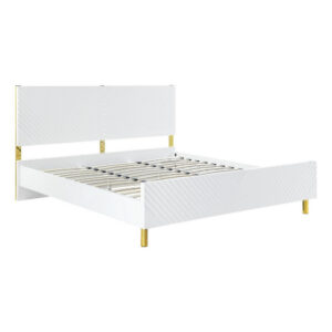 Tyra Modern Wood King Bed, Panel Headboard, Textured Chevron, White, Gold