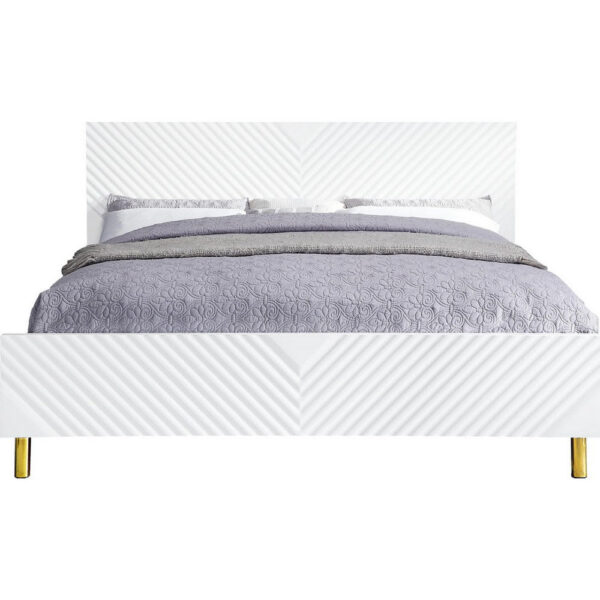 Tyra Modern Wood King Bed, Panel Headboard, Textured Chevron, White, Gold