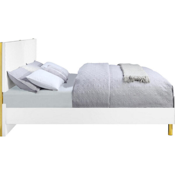 Tyra Modern Wood King Bed, Panel Headboard, Textured Chevron, White, Gold
