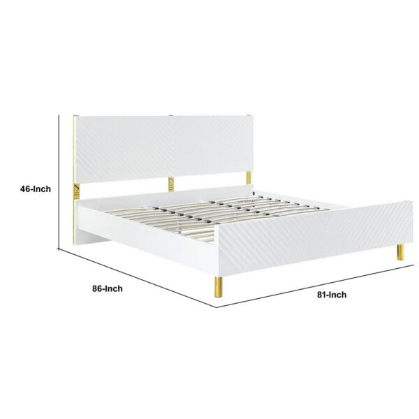 Tyra Modern Wood King Bed, Panel Headboard, Textured Chevron, White, Gold