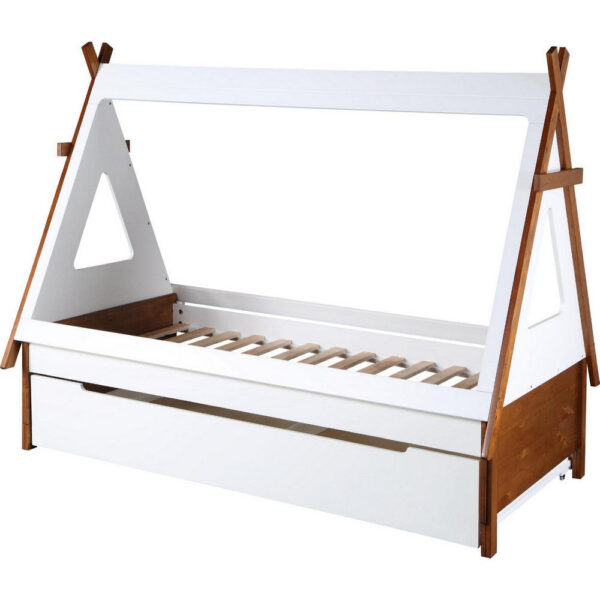 Teo Wood Twin Bed, House Shaped Bed Frame, Slat System, Brown, White