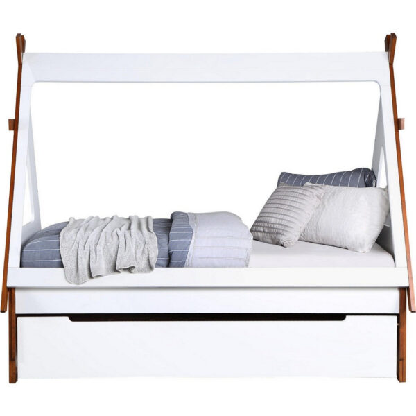 Teo Wood Twin Bed, House Shaped Bed Frame, Slat System, Brown, White