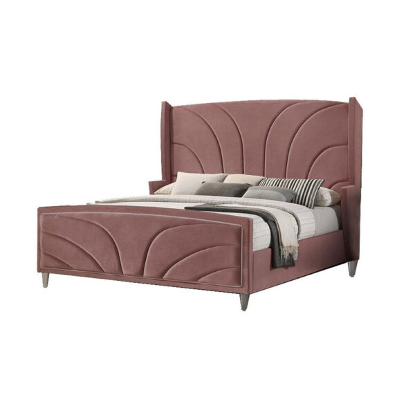 13022026698f14e68b477.jpeg Kerith Modern Wood Queen Size Bed, Wingback Frame, Pink Velvet, Chrome Legs