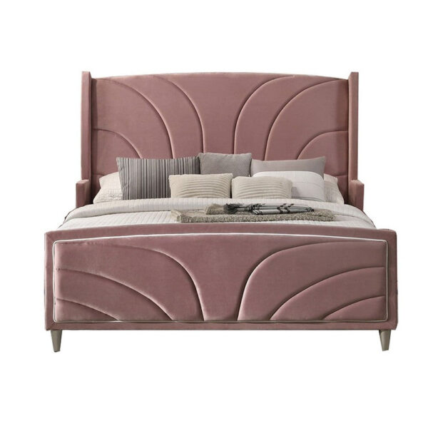 13022026698f14f98d8d1.jpeg Kerith Modern Wood King Size Bed, Wingback Frame, Pink Velvet, Chrome Legs