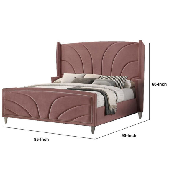 13022026698f150235da9.jpeg Kerith Modern Wood King Size Bed, Wingback Frame, Pink Velvet, Chrome Legs