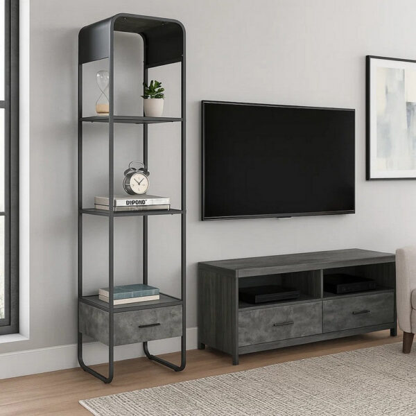 66 Inch Side Pier, Vertical Media Bookcase, 3 Shelves, Metal Frame, Gray