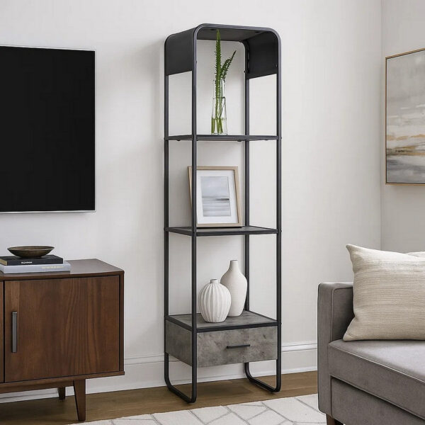 66 Inch Side Pier, Vertical Media Bookcase, 3 Shelves, Metal Frame, Gray