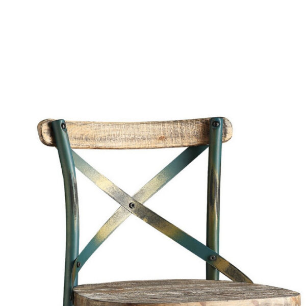 Chad 29 Inch Modern Bar Height Chair, Footrest, X Backrest, Green, Oak Wood