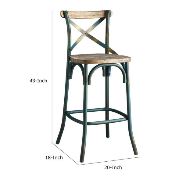 Chad 29 Inch Modern Bar Height Chair, Footrest, X Backrest, Green, Oak Wood