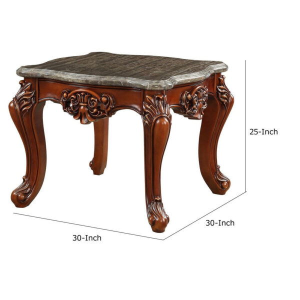 30 Inch Classic Square Marble Top End Table, Cabriole Legs, Gray, Brown