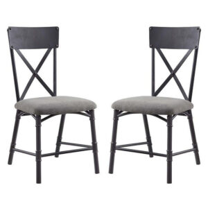 21 Inch Metal Dining Side Chair, Fabric Seat, X Back, Set of 2, Gray