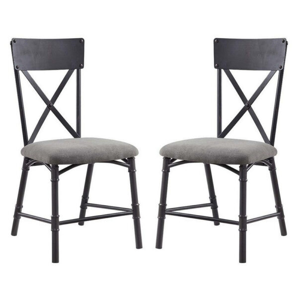 21 Inch Metal Dining Side Chair, Fabric Seat, X Back, Set of 2, Gray