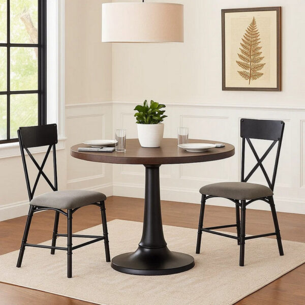 21 Inch Metal Dining Side Chair, Fabric Seat, X Back, Set of 2, Gray