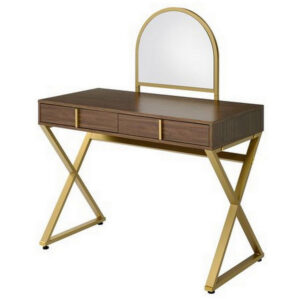 13022026698f15bca20ca.jpeg 50 Inch Classic Arched Mirror Vanity Desk, Wood, X Metal Frame, Brown, Gold