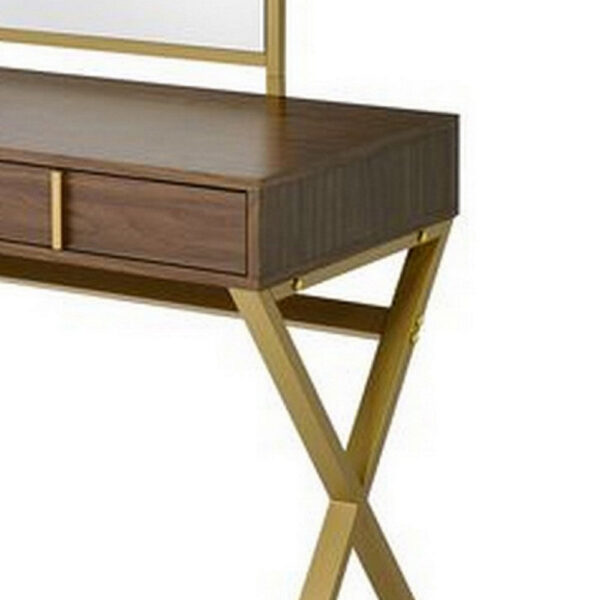 13022026698f15c290270.jpeg 50 Inch Classic Arched Mirror Vanity Desk, Wood, X Metal Frame, Brown, Gold