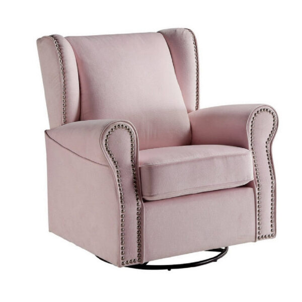 35 Inch Accent Swivel Chair, Glider, Nailhead Trim, Light Pink