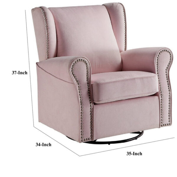 35 Inch Accent Swivel Chair, Glider, Nailhead Trim, Light Pink