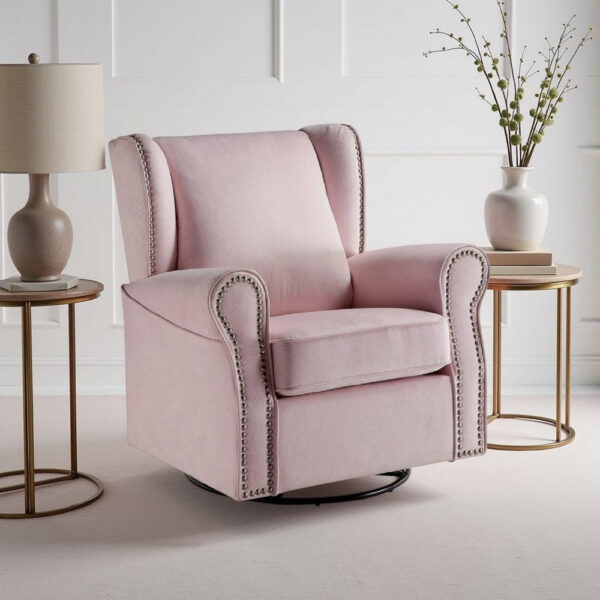 35 Inch Accent Swivel Chair, Glider, Nailhead Trim, Light Pink