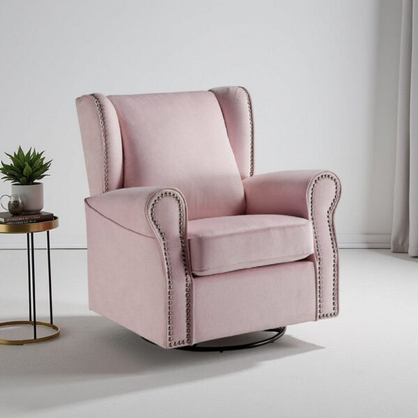 35 Inch Accent Swivel Chair, Glider, Nailhead Trim, Light Pink