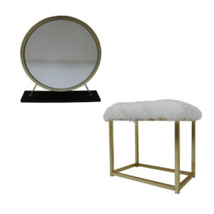 13022026698f1601e44d1.jpeg Rose Round Vanity Mirror with Stool, Faux Fur Seat, Brass, Black