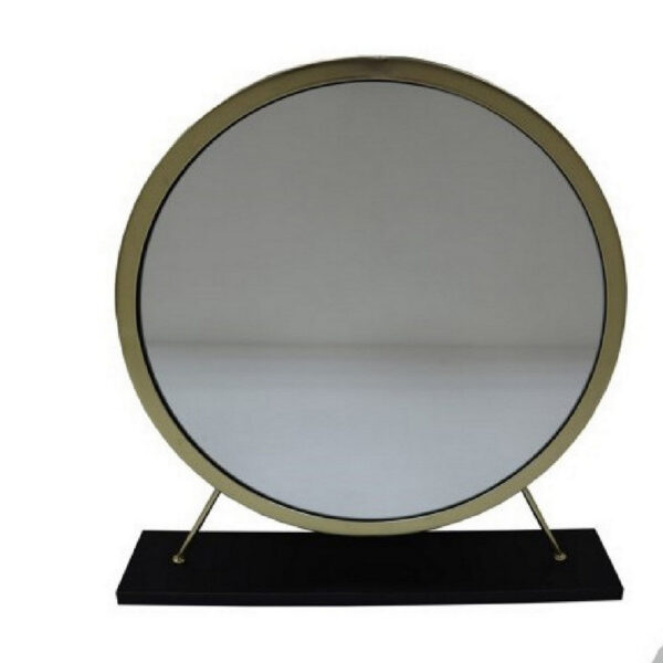 Rose Round Vanity Mirror with Stool, Faux Fur Seat, Brass, Black