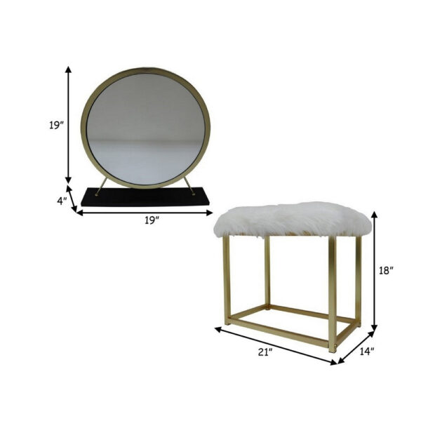 Rose Round Vanity Mirror with Stool, Faux Fur Seat, Brass, Black