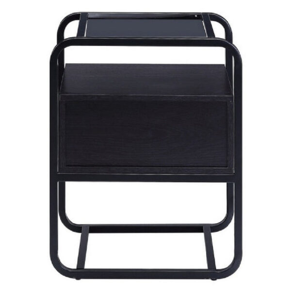 24 Inch Wood Accent Table, Tempered Glass Table Top, Pull Out Drawer, Black