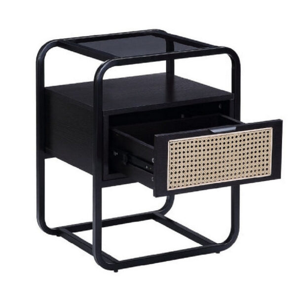 24 Inch Wood Accent Table, Tempered Glass Table Top, Pull Out Drawer, Black