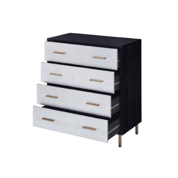 Emily 37 Inch Wood Tall Dresser Chest, 4 Drawers, Gold Handles, Black