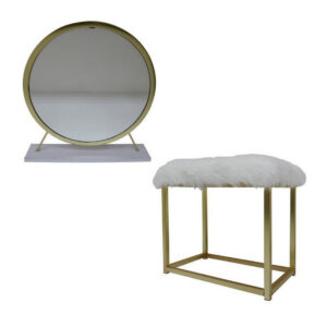 13022026698f163f16ac5.jpeg Rose Round Vanity Mirror with Stool, Faux Fur Seat, Brass, White