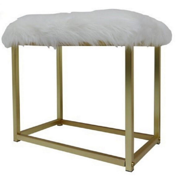 Rose Round Vanity Mirror with Stool, Faux Fur Seat, Brass, White