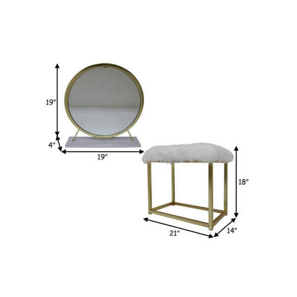 Rose Round Vanity Mirror with Stool, Faux Fur Seat, Brass, White