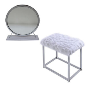 13022026698f16559ef80.jpeg Rose Round Vanity Mirror with Stool, Faux Fur Seat, Gray, White