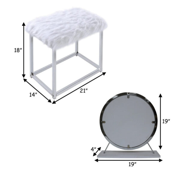 Rose Round Vanity Mirror with Stool, Faux Fur Seat, Gray, White