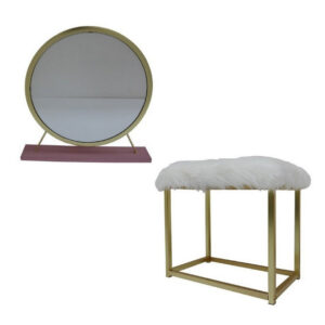 13022026698f16689a9b4.jpeg Rose Round Vanity Mirror with Stool, Faux Fur Seat, Brass. Pink